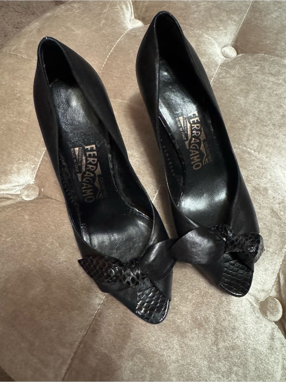 Salvatore Ferragamo Black Leather and Snakeskin Knot Peep Toe Heels